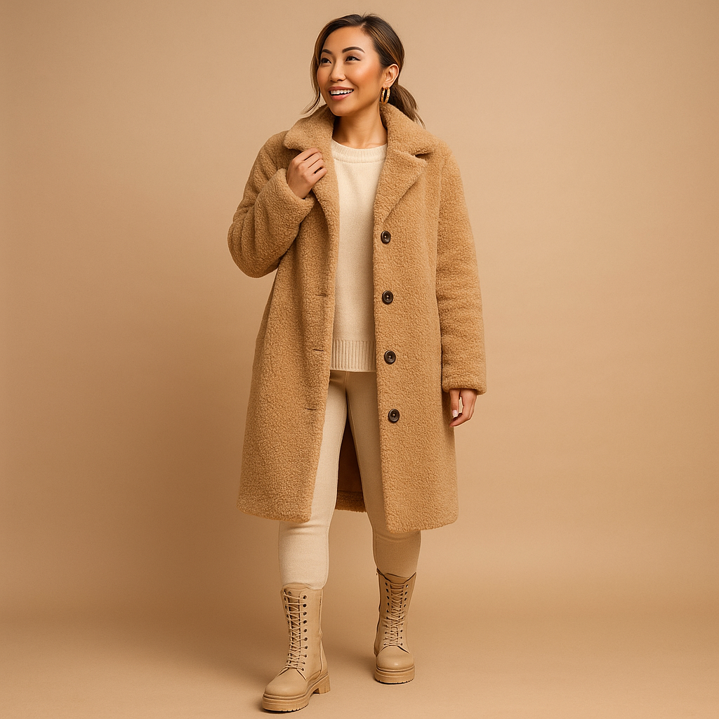 Beige Lange Teddyjas voor Dames – Oversized Winterjas voor Vrouwen