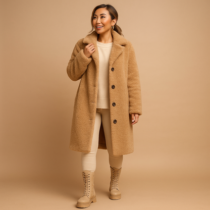 Beige Lange Teddyjas voor Dames – Oversized Winterjas voor Vrouwen